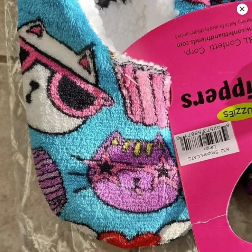 Kids Colorful Fuzzy Slippers With Cats, Size L
